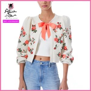 Alice + Olivia Kitty Floral Puff Sleeve Bow Tie Cardigan Sweater